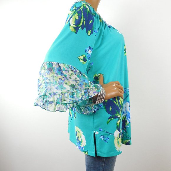 SUSAN GRAVER Top 1X Floral Blouse Stretch Green/Blue Print Chiffon Flared Sleeve - Picture 6 of 13